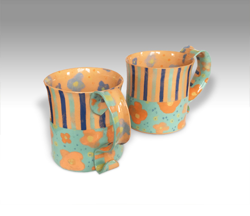 slab-built cups, slip-printed inside and out