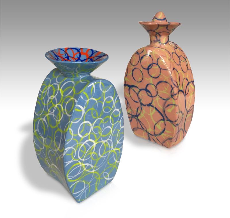 slab built vessels with printed circles