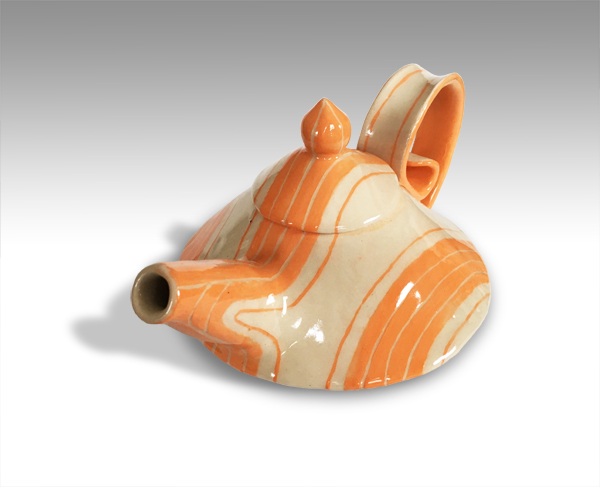 slab-built teapot with genie-lantern type form emphasized by orange and white stripes