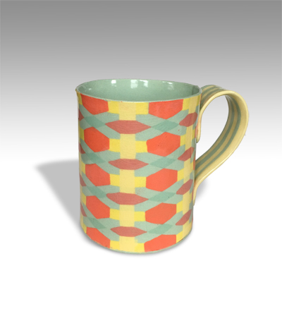 slab-built cup with geometric printed design