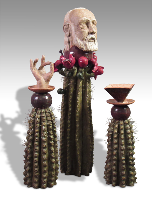 cactus based bust of an old man with two other cactus symbols