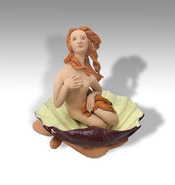 seated figure on a half-shell held by an human, the figure hand recognizable as Venus from Bellini painting The Birth of Venus