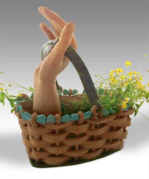 hand emerging from a flower basket