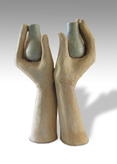 two symetrical hands holding two tiny vases aloft