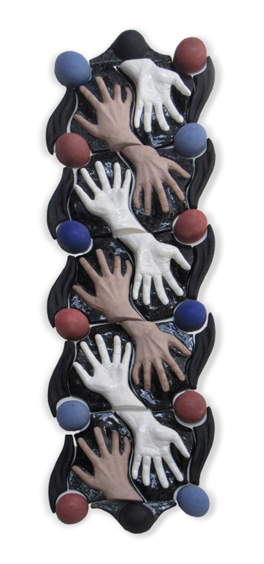 backs and fronts of alternating black and whita hands with red and blue balls