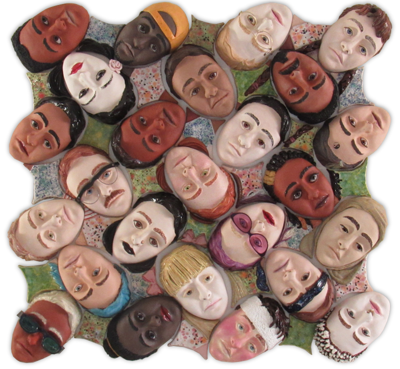 25 heads mounted in alternating diagonals depicting a variety of unique or cliched characters