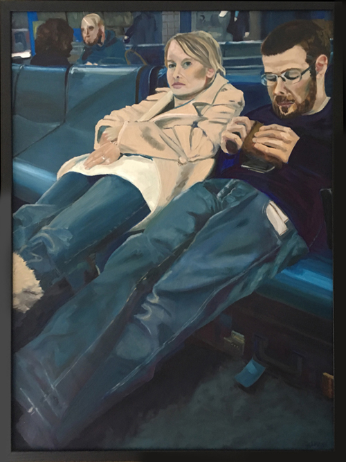 predominantly blue painting of a young man and young woman waiting for a delayed flight home