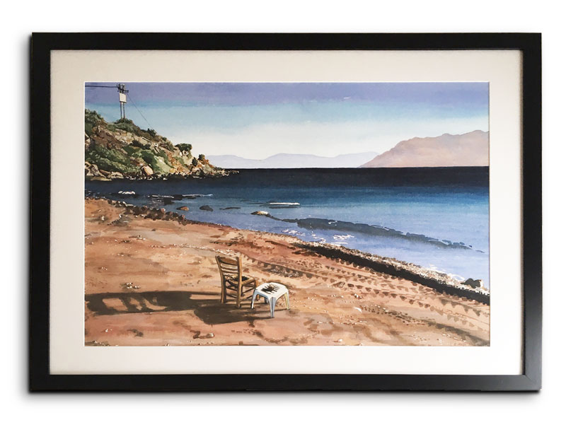 beautiful beach landscape with haunting chair and stool, trucktracks and electric cable