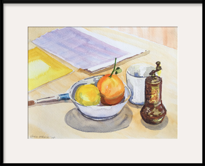 still life with peppergrinder,fruitbowl and folder