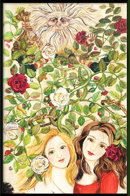 Snow White and Rose Red with rose vines, crowns, jewels, evil dwarf and a bear's claw